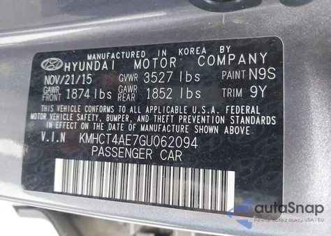 2016 Hyundai Accent Se from USA, damaged, VIN KMHCT4AE7GU062094